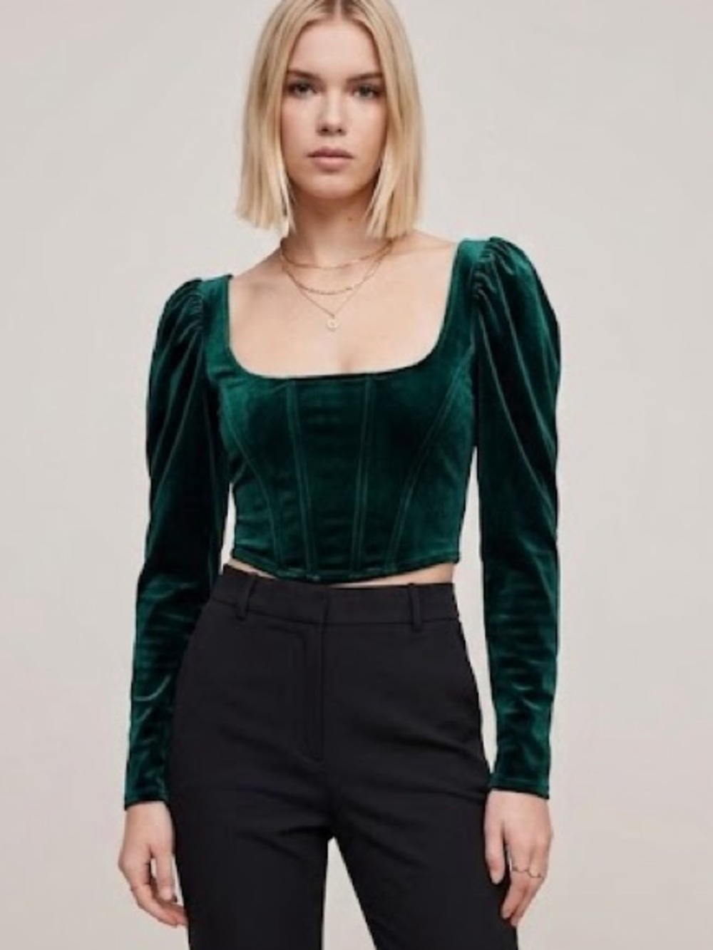 NWT Zara Women's S Green Velvet Corset Top Long Sleeve Evening Night Out Dinner